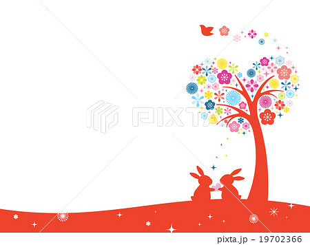 バレンタインカード ハートの木とウサギのカップルのイラスト素材
