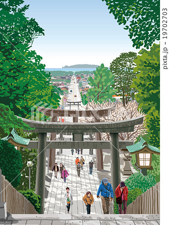 宮地嶽神社の参道と鳥居のイラスト素材
