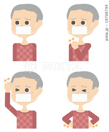 風邪 花粉症 インフルエンザ マスク 男性 シニア イラスト セットのイラスト素材