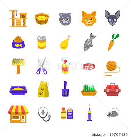 Cat care pet shop flat colorful icons 19707486
