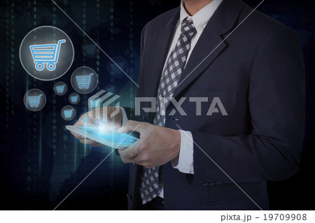 Businessman hand touch online shopping icons 19709908