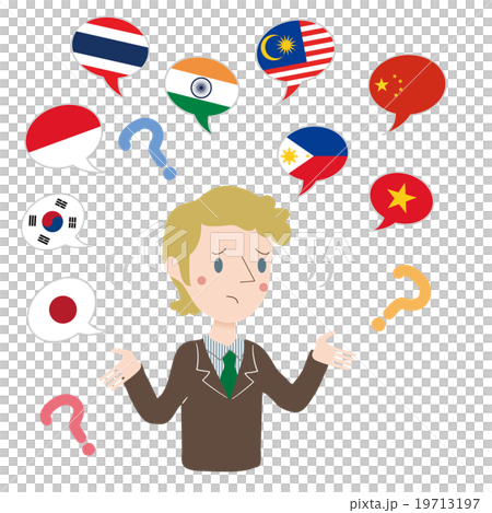 言葉が通じず、お手上げポーズの外国人ビジネスマン 19713197