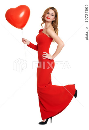 red dressed woman with heart shape balloon on white 19727609