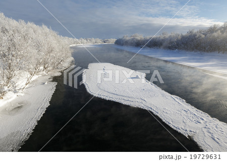 Winter landscape: beautiful view Kamchatka River 19729631