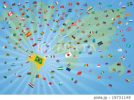 リオオリンピック 世界地図と国旗の紙吹雪 スカイブルーのイラスト素材