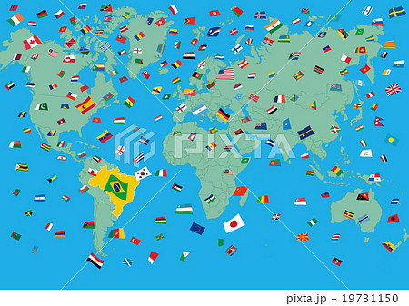 リオオリンピック 世界地図と国旗の紙吹雪 水色のイラスト素材