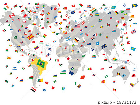 リオオリンピック 世界地図と国旗の紙吹雪 ホワイトのイラスト素材