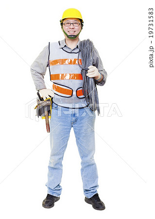 happy worker with electric cable and helmet happy worker with electric cable and helmet 19731583