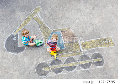 Two little kid boys with excavator chalk picture Two little kid boys with excavator chalk picture 19747595