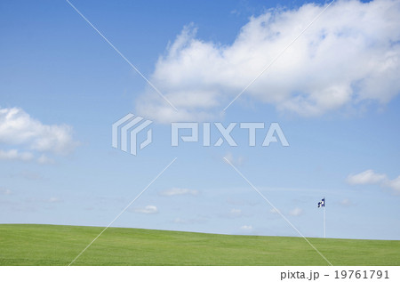 Green field with blue flag 19761791