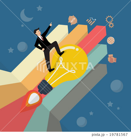 Businessman on a lightbulb rocket with bar chart 19781567