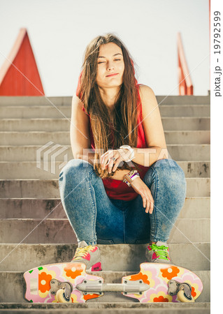 Skate girl on stairs with skateboard. Skate girl on stairs with skateboard. 19792599