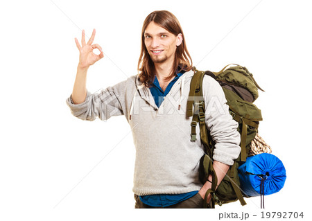 Man tourist backpacker showing ok gesture. Travel. Man tourist backpacker showing ok gesture. Travel. 19792704