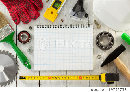 set of tools and instruments on wood 19792733