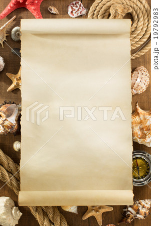 old paper and seashell on wood old paper and seashell on wood 19792983
