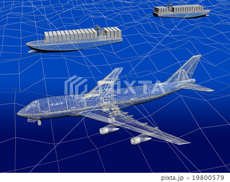 3D wireframe of trnspotation ,airplane with ocean  19800579
