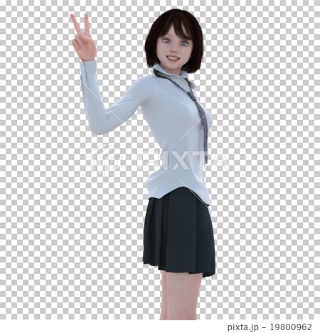 Peace sign female student overhead perming 3DCG illustration material Peace sign female student overhead perming 3DCG illustration material 19800962