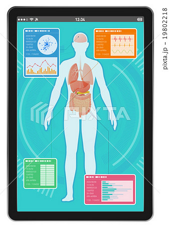 人のシルエットと臓器 タブレットpc画面 医療インターフェースのイラスト素材