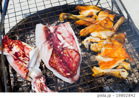 Grilled octopus and chicken on charcoal oven 19802842