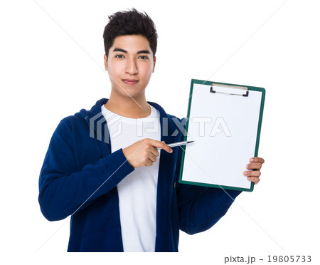 Asian man pen point to clipboard 19805733