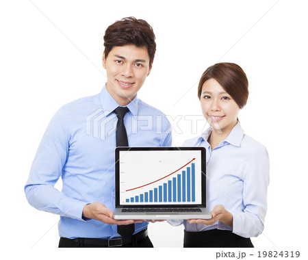 happy business man and woman showing laptop with graph 19824319