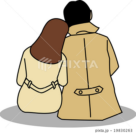 コートを着て座るカップルの後ろ姿のイラスト素材