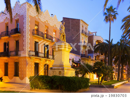 Evening view of embankment and Monument to Roca i Pi. Badalona 19830703