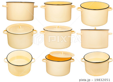 set of large enamel stockpots isolated on white 19832051