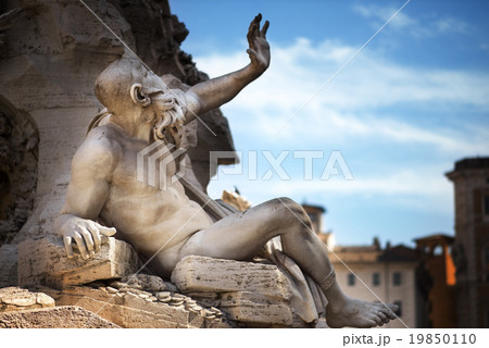 Statue in Fountain, Piazza Navona, Rome, Italy 19850110