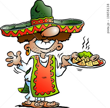 Happy Mexican Standing With Some Tarco Foodのイラスト素材