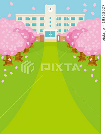 桜並木と春の校舎バリエーション縦cのイラスト素材
