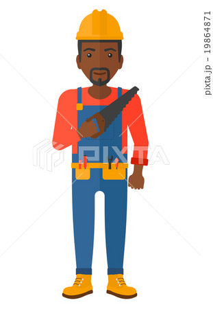 Smiling worker with saw. 19864871