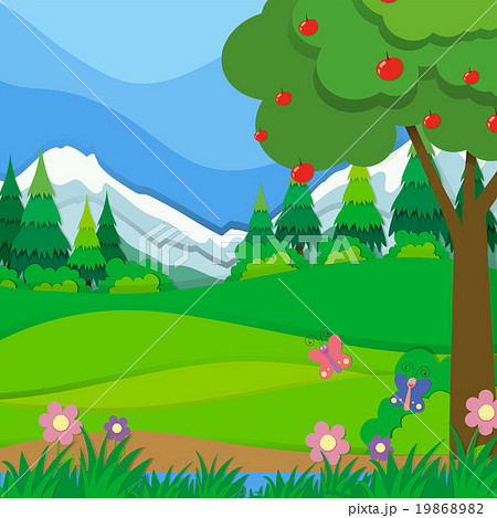 Nature scene with apple tree and field Nature scene with apple tree and field 19868982