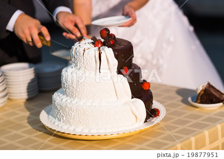 bride and groom is cutting their wedding cake 19877951