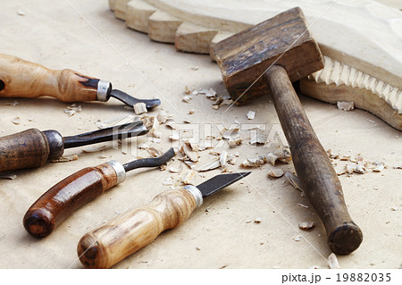 wood carvings, tools and processes work closeup 19882035
