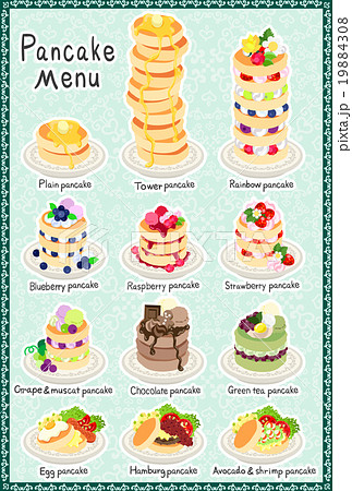 いろいろなパンケーキを描いたポストカードのイラスト素材