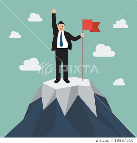 Businessman with flag on a Mountain peak Businessman with flag on a Mountain peak 19887610