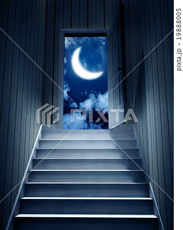 Steps leading from a dark basement to open door 19888005