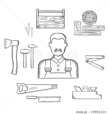 Carpenter with timber and tools sketch icons Carpenter with timber and tools sketch icons 19902224