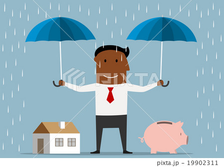 Businessman protecting house and piggy bank Businessman protecting house and piggy bank 19902311