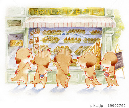 Puppies パン屋さんのショーウィンドウの前でのイラスト素材 Puppies パン屋さんのショーウィンドウの前でのイラスト素材