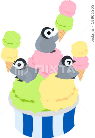バニラ味 いちご味 メロン味のアイスクリームを食べる赤ちゃんペンギンのイラスト素材