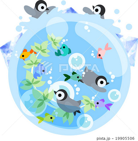 カラフルな魚が泳ぐ海で水遊びをする赤ちゃんペンギンのイラスト素材 19905506 Pixta