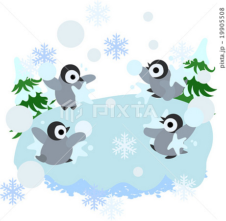 みんなで楽しく雪合戦で遊ぶ赤ちゃんペンギンのイラスト素材