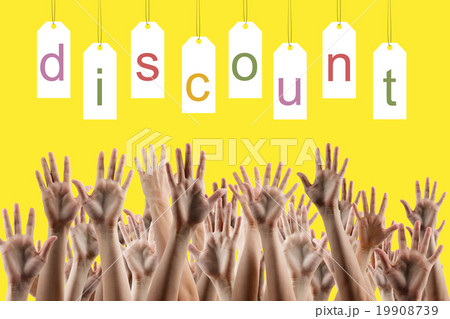 Discount word on labels people hands up over 19908739