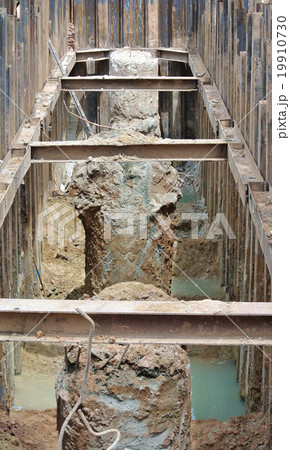 Excavated bore piles at the construction site  19910730
