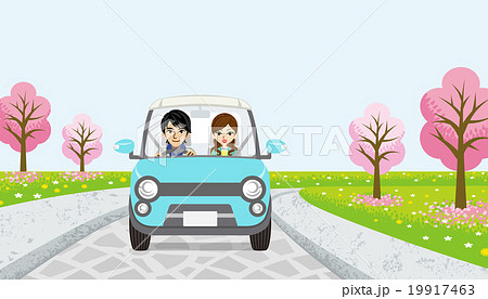 ドライブするカップル　道路　桜の木 19917463