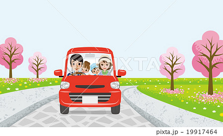 ドライブする家族　道路　桜の木 19917464