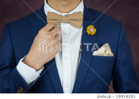 man in blue suit bowtie, brooch, handkerchief 19918201