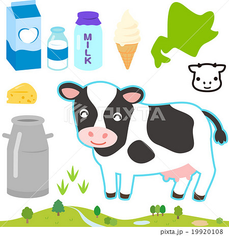 牛乳と牛、乳製品のセット